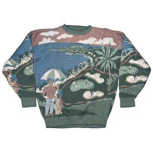 Vintage Crossings AOP EUC Cotton Golf Scene Sweater SZ L